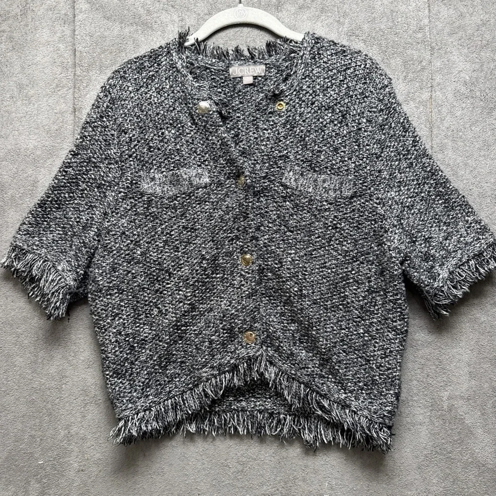 J.Crew Cropped fringe-trim lady jacket in marled yarn Large Preppy Office Career